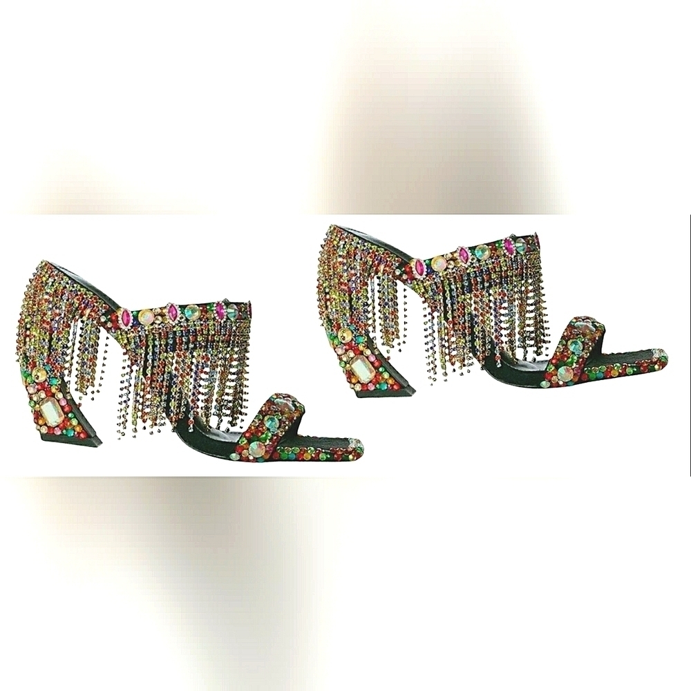 Kentucky Derby 6.5 Rhinestone Boho Sparkling Embellished Indie Fringe Mules - Picture 5 of 7